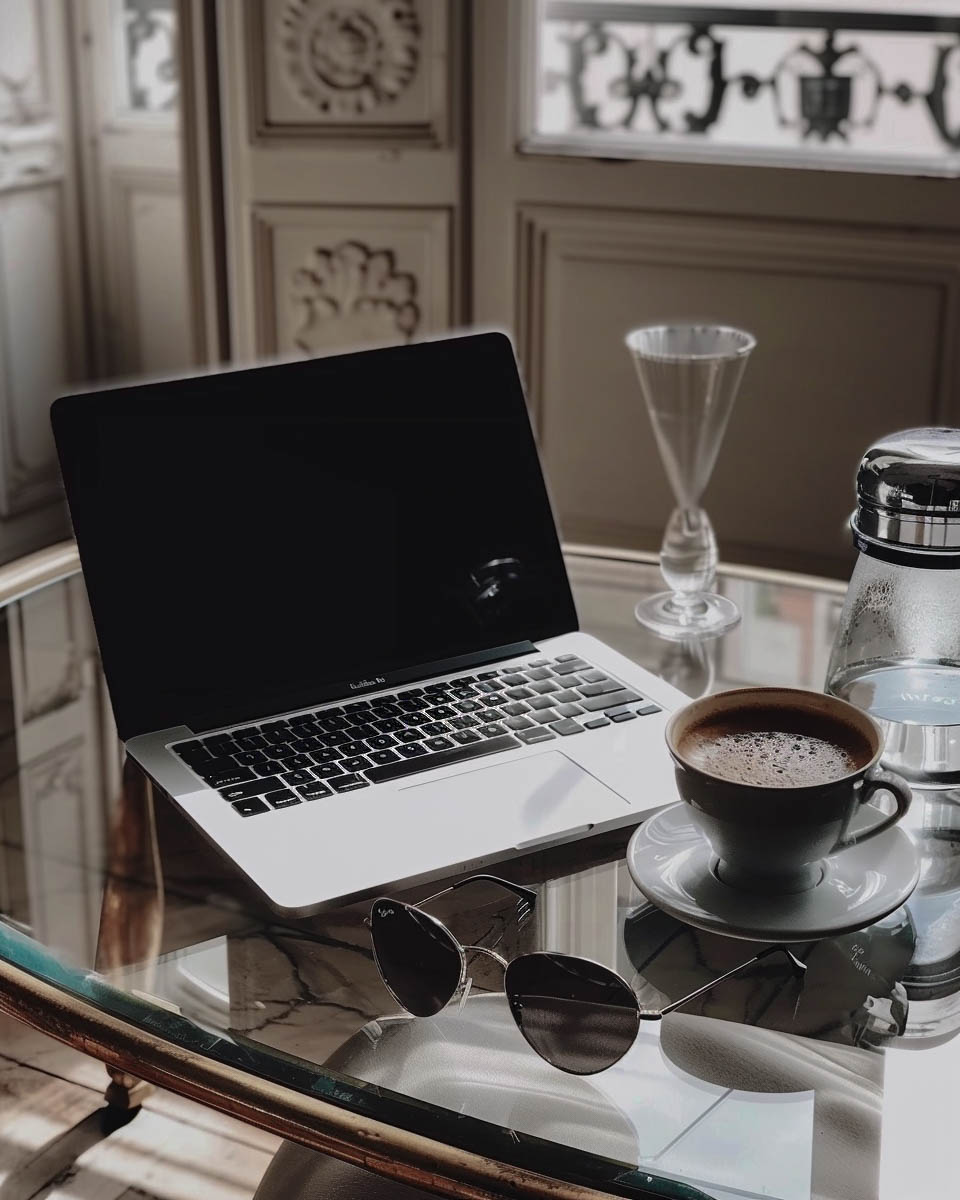coffee table with a laptop and coffee